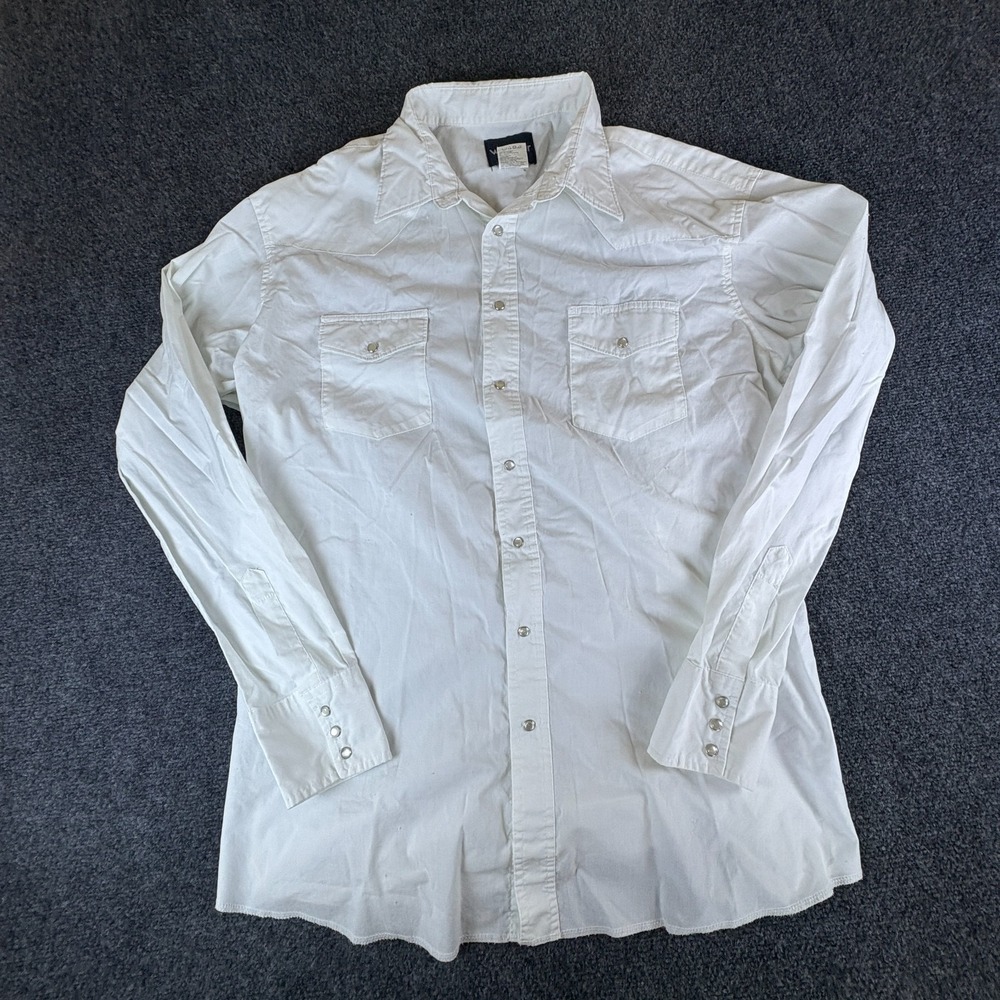 Wrangler Western Shirt Mens XL Tall White Broadcloth Cotton Pockets Snap Front